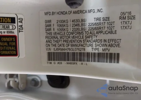 2016 Honda Cr-V Ex-L from USA, damaged, VIN 5J6RM4H76GL076278